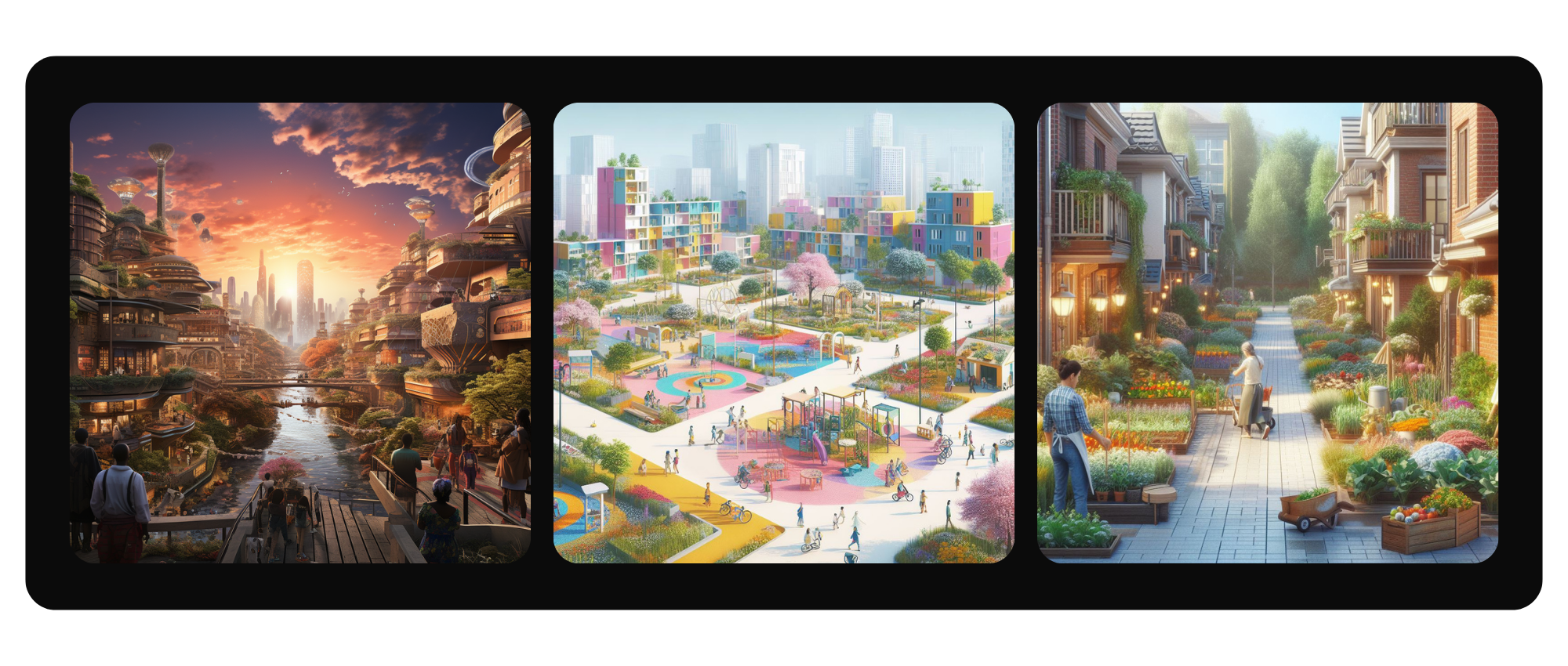 Three images arranged horizontally depict different urban environments with an emphasis on community, nature, and human-scale design.
							1.	Left Image: A futuristic city at sunset with layered, earth-toned buildings that incorporate greenery. Elevated walkways and bridges span across a river, connecting different parts of the city. People are gathered on wooden platforms, overlooking the water. The background features a glowing skyline with high-tech towers and floating structures, blending organic and technological elements.
							2.	Center Image: A colorful urban park filled with trees, flowers, and playgrounds. The park is surrounded by modern, multi-colored apartment buildings. People of all ages are walking, cycling, and playing in the space. The bright atmosphere and human-centered design highlight the integration of nature and social interaction in the city.
							3.	Right Image: A cozy, pedestrian-friendly residential street lined with brick townhouses and lush gardens. Residents tend to plants, chat with neighbors, and walk along the stone pathways. The space is illuminated by warm streetlights, giving it an inviting, communal feel. The greenery and flowers create a sense of harmony between people and their living environment.
