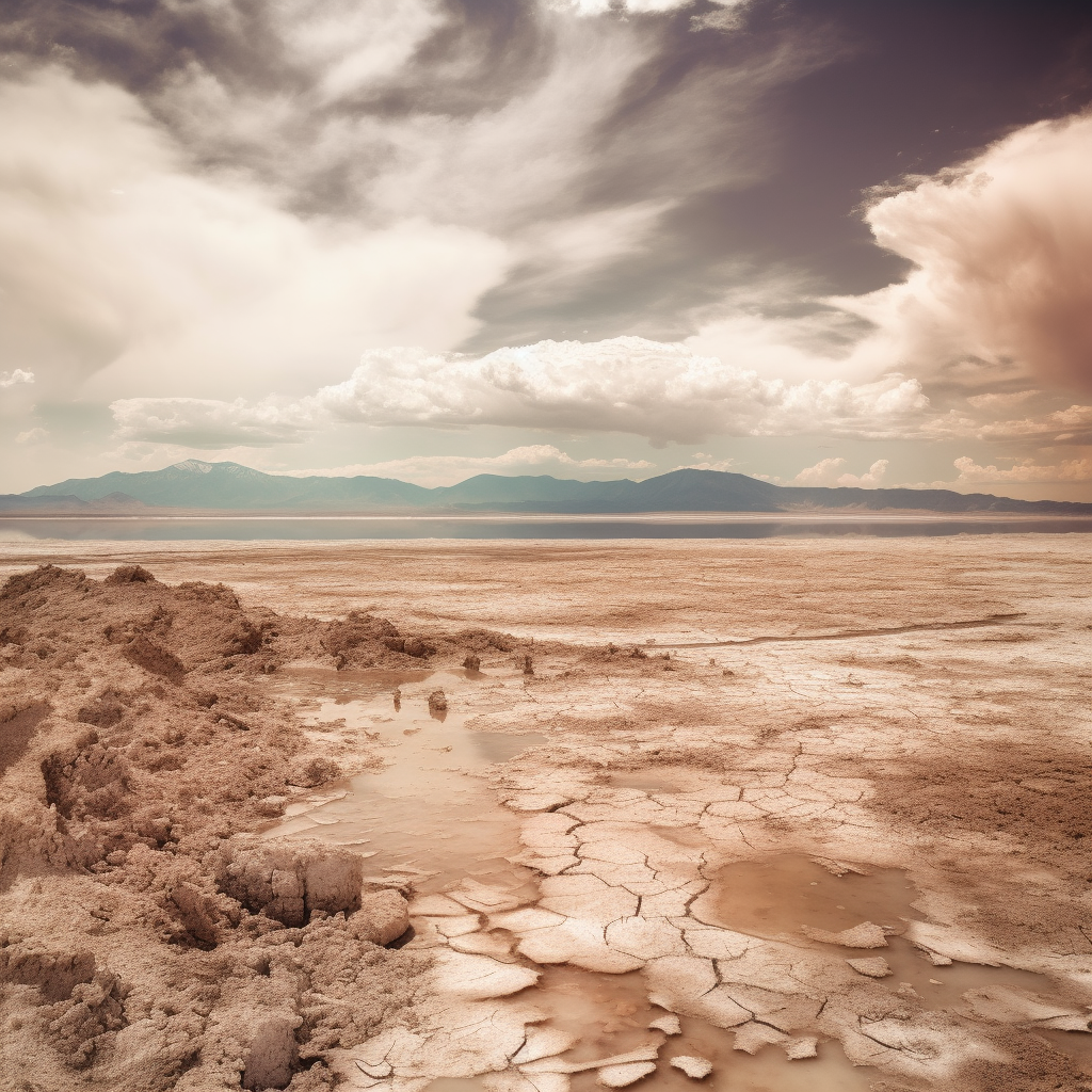 A speculative depiction of the Great Salt Lake, showing an arid landscape with cracked earth and receding water. The foreground consists of parched, fractured ground with shallow, muddy pools. The middle ground features a barren shoreline leading to a thin strip of water, indicating significant reduction in the lake’s size. In the background, hazy mountains rise under a vast sky filled with dramatic clouds. The scene emphasizes dry, desolate conditions with little vegetation.