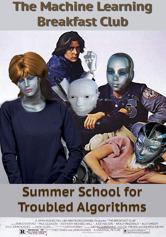 AI-generated parody movie poster for 'The Machine Learning Breakfast Club' displaying robots in place of some of the actors, subtitled 'Summer School for Troubled Algorithms'