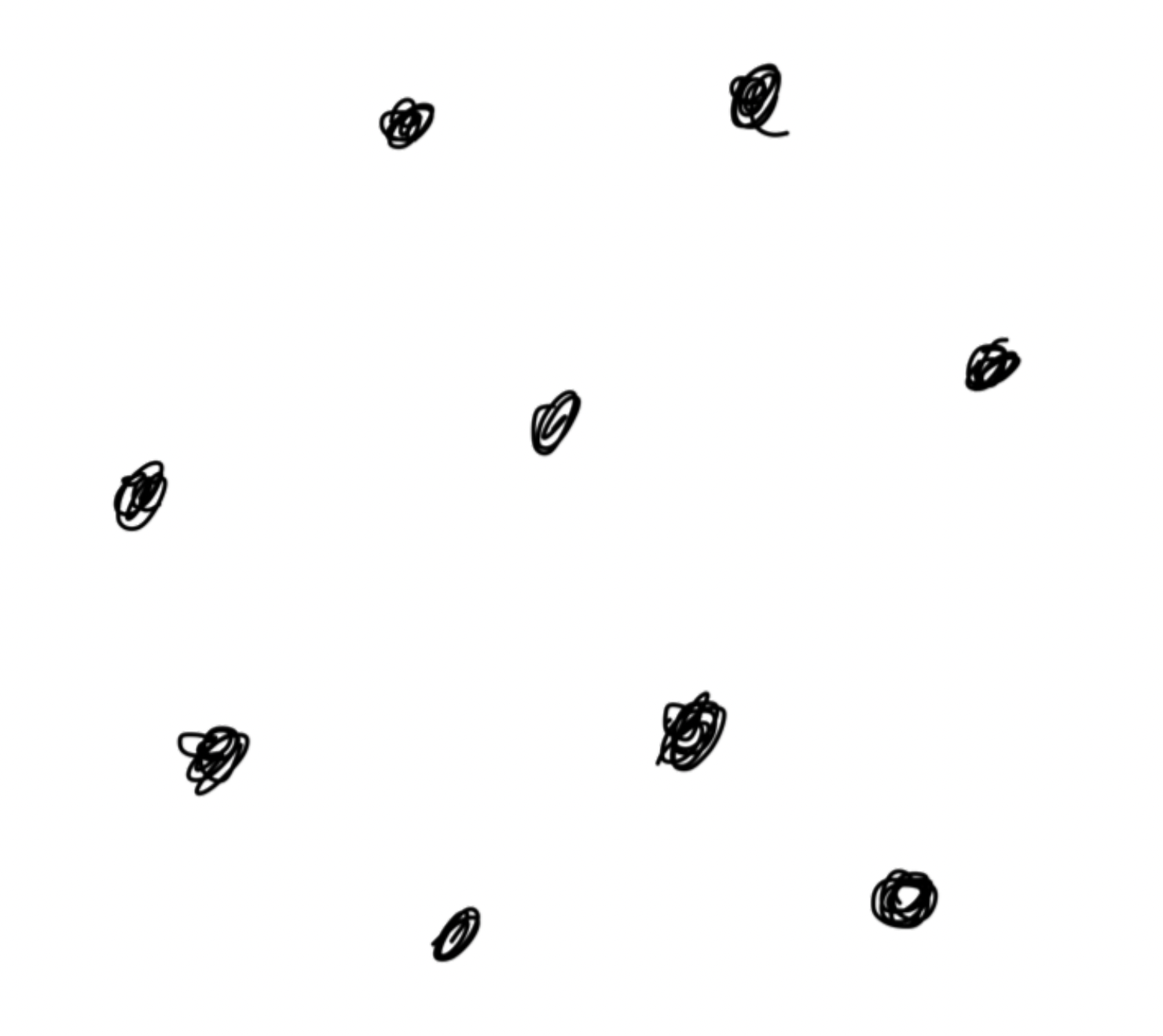 A hand-drawn image of 9 scribbled black dots spread out on a white background.