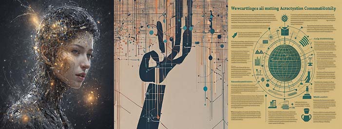 AI-generated triptych: On the left, a robot made of wires with a femail human face; in the center, an abstract representation of a dark-colored hand stretched across a beige background. On the right is a blurry infographic-style image with a beige background and dark brown text athat features a green image of a globe surrounded by text descriptions connected to it by lines.