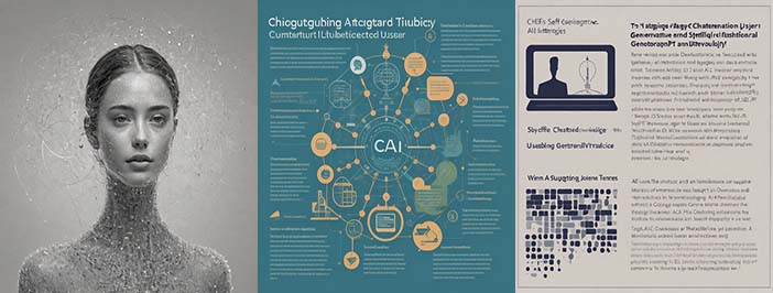 AI-generated triptych: On the left is a greyscale image of a woman whose (very long) neck and shoulders appear to be made of circuitry, a halo of bright small lights hovers around her head. In the center a blurry infographic-style image with a blue background and white text and beige highlight colors features a circular drawing of geometric figures radiating out from the letters 'CAI' in the center; this central figure is surrounded by text descriptions connected to it by lines. On the right is the image of a flyer with dark blue text on a grey background. The right portion of the flyer is text with headings; on the left is an image of a computer screen with a human silhouette next to a line drawing of a light bulb, below which is an abstract drawing in blues and greys of rectangles and circles.