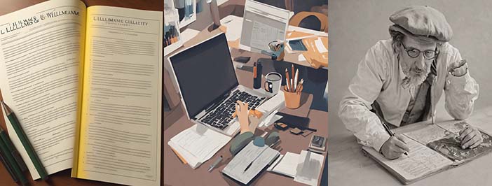 AI-generated triptych: on the left is an image of two books with grey (unreadable) text on cream-colored pages, one is folded back on itself and a yellow glow appears at the margin where the book is folded. Two green pencils lay across one of the books in the bottom left corner. In the center is a drawing of a messy desk with a laptop, a cup full of pens and pencils, a coffee mug, some documents, and an unidentified object that appears to be a disembodied hand hovering over the laptop keyboard. On the right is a line drawing of a bearded man with glasses leaning over a book in which he is writing. His right hand holds a pen, while he rests the elbow of his left arm on the table, raising his wrist upward. However, his hand is on the book, disconnected from his arm.