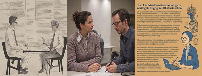 AI-generated triptych: On the left is a black-and-white drawing of two men facing each other at a table; the man on the right has no hands, although arm ends in what appears to be a pen. The background of this left-most image is an unreadable manuscript of some kind. In the center is a photorealistic image of a white man with glasses and a white woman discussing a page in front of them on the left; on the right, a blurry image of a flyer with (unreadable) dark blue text on a beige background with cartoon-like pictures of a man working on a laptop and sketch of a robot in the margin.