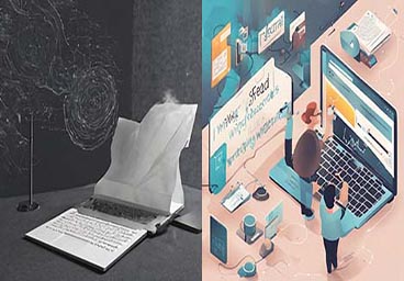 AI-generated images: on the left a black-and-white image of a computer keyboard with paper rising from it, similar to a typewriter; on the right is a small figure typing on a giant laptop, with screens of information surrounding the figure.