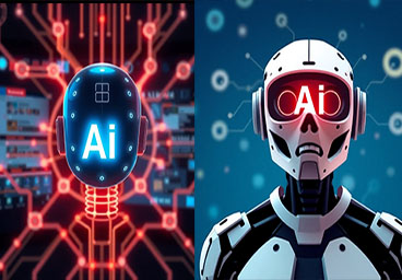 AI-generated image of two robots, both with 'AI' on their faces. The left-hand robot is dark blue and set into a network of neon red network lines; the rigth-hand robot is white, with a downturnd mouth, on a blue background.