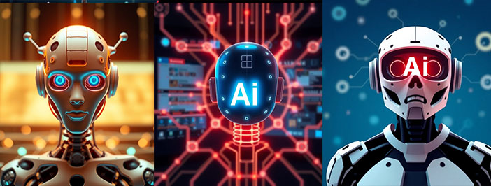 AI-generated image of three robots.The left-hand robot is a brightly-let orange with neon light blue eyes. The center robot is dark blue and set into a network of neon red network lines; it has no facial features. The rigth-hand robot is white, with a downturnd mouth, on a blue background. The center and right robots have the letters 'AI' staped on their faces.