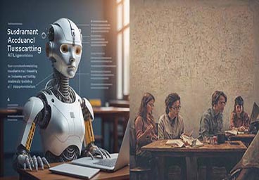 AI-generated image: on the left appears a photorealistic image of a female robot made of white plastic typing on a laptop in a room that appears to have a blackboard in the backgroud, white unintelligible text appears in the top left portion of the picture; on the right is an oil-painting style image of people sitting two to a table, one white man and one white woman at each. One couple is looking at a laptop, the other couple is looking at a pile of crumpled paper on their table.