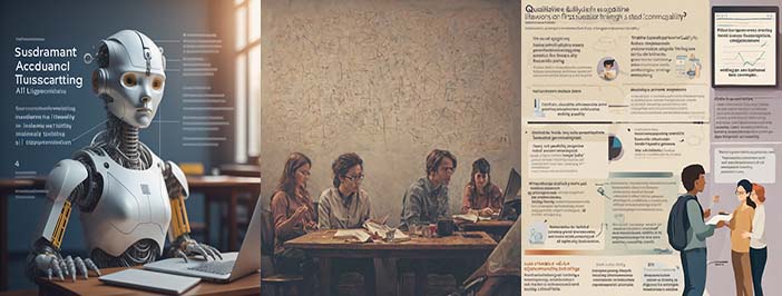 AI-generated triptych: on the left appears a photorealistic image of a female robot made of white plastic typing on a laptop in a room that appears to have a blackboard in the backgroud, white unintelligible text appears in the top left portion of the picture; in the center is an oil-painting style image of people sitting two to a table, one white man and one white woman at each. One couple is looking at a laptop, the other couple is looking at a pile of crumpled paper on their table. On the right is a blurry image of a flyer with dark text on a beige background in the left-most two-thirds of the document and a grey background in the right-most third; this right section features in image of a graph at the top and a drawing of three students at the bottom. The students include a dark-skinned man with a backpack speaking to two women, one who has longer black hair and glasses while the other has a paler complexion and medium-length red hair.