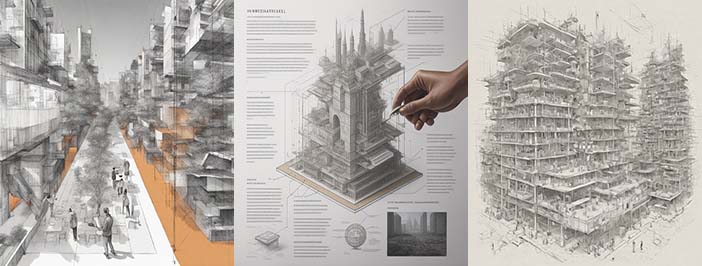 AI-generated triptych: on the left, a primarily black-and white cityscape with sketched buildings on either side of a wide white walkway, several people and trees are present on the walkway. The ground beneath the buildings is orange. In the center, a blurry infographic-style image features an oddly shaped building in the center surrounded by text descriptions connected to it by lines; there is a realistic looking white human hand coming in from the top right corner to add detail to the drawing of the building. On the right is another black-and-white drawing of buildings that appear unfinished, as they don't seem to have walls. The image is very sketchy and somewhat abstract.