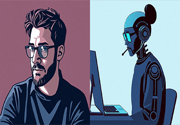 AI-generated images: on the left, an uncannily accurate drawing of Mark Marino as a main with a beard and glasses on a dark plum background; on the right a side view of a dark blue robot typing on a dark blue laptop, all on a light blue background. The robot appears to be wearing glasses and headphones with a microphone, as if on a conference call.