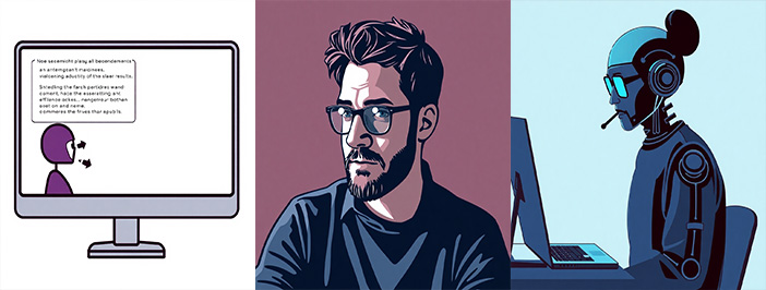 AI-generated triptych: On the left, a simple line drawing of a computer monitor showing a white screen with a small purple robot head below a square block of text; the robot has small arrows pointing rightward from its eyes and down-and-to-the-right from its mouth. The robot and textbox are to the left edge while the majority of the computer screen is blank. In the center is an uncannily accurate drawing of Mark Marino as a main with a beard and glasses on a dark plum background (the AI image application was not provided with his image). The right-hand panel is a side view of a dark blue robot typing on a dark blue laptop, all on a light blue background. The robot appears to be wearing glasses and headphones with a microphone, as if on a conference call.