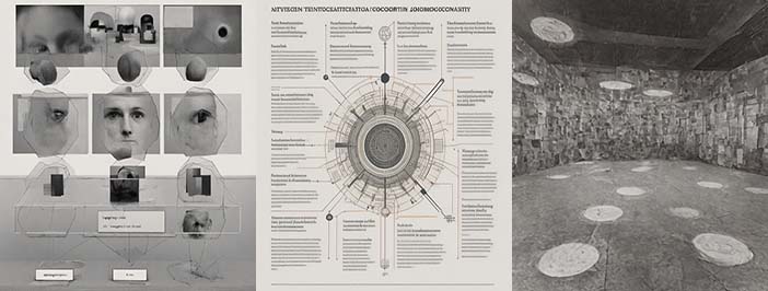 AI-generated triptych: On the left, a black-and-white image features three horizontal bands. The top band has a series of squares, two of which might be rooms; the center band features parts of a human face; the bottom band, which is larger, features geometric shapes at the top, some text in the middle, and devices made of wires that are placed at the bottom -- the wires from these devices stretch up into the other bands. In the center, a blurry grayscale infographic-style image features an circular architectural drawing in the center surrounded by text descriptions connected to it by lines. On the right is a black and white drawing of a room with textured walls, light fixtures depending from the ceiling, and white circles on the floor.
