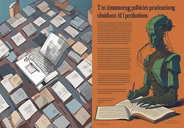 AI-generated images: a watercolor-like representation of a laptop sitting atop books on a table, colors are primarily blues, greys and white on the left; on the right a blurry image of a flyer with (unreadable) dark grey text on an orange background, a drawing of a green robot writing in a book takes up the right side of the flyer.