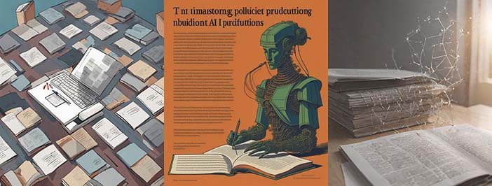 AI-generated triptych: a watercolor-like representation of a laptop sitting atop books on a table, colors are primarily blues, greys and white on the left; in the center is a blurry image of a flyer with (unreadable) dark grey text on an orange background, a drawing of a green robot writing in a book takes up the right side of the flyer. On the right is a photorealistic image of an open book in front of a stack of papers, a delicate molecular structure made of filaments or light wire hovers above the book.