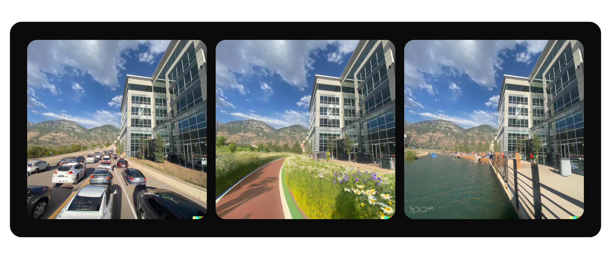 Three images arranged horizontally depict different futuristic urban environments with green architecture and vibrant public spaces.
	1.	Left Image: A futuristic cityscape with modular, stacked buildings covered in greenery, featuring open terraces, rooftop gardens, and glass facades. The street is lively with pedestrians, cyclists, and cars, while birds fly in a bright, clear sky.
	2.	Center Image: A whimsical, futuristic city with tall, mushroom-like towers supporting elevated buildings. The pastel-toned scene features pink skies, drones flying above, and people walking among colorful structures and greenery. Small autonomous vehicles contribute to the high-tech aesthetic.
	3.	Right Image: A waterfront urban environment with modern, terraced apartment buildings integrated with greenery. A vibrant public space includes a boardwalk, a pedestrian bridge, a playground, and people engaging with the water. The scene is bright and inviting, with reflections of the city in the water.