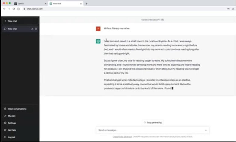This picture is a screenshot of the ChatGPT interface with a user prompt and the generated response. The prompt says “write a literacy narrative” and the response is a three paragraph short narrative about a person who was born in a rural area, his hobbies, life growing up until he goes to college when everything changes for him.