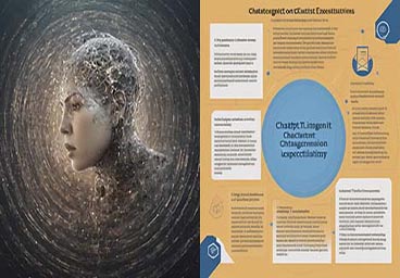AI-generated images: on the left, inside a series of circles of bright lights in motion sits a disembodied head that is primarily made of wires but has a human female face; on the right a picture of an unreadable flier with black text on white background in text boxes, a pale blue oval in the center, and dark text on a dark beige background.