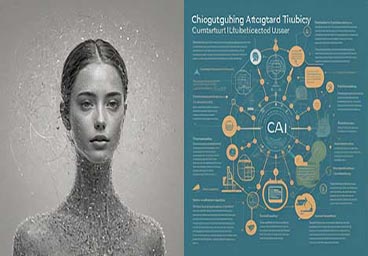 AI-generated images: On the left is a greyscale image of a woman whose (very long) neck and shoulders appear to be made of circuitry, a halo of bright small lights hovers around her head. On the right a blurry infographic-style image with a blue background and white text and beige highlight colors features a circular drawing of geometric figures radiating out from the letters 'CAI' in the center; this central figure is surrounded by text descriptions connected to it by lines.