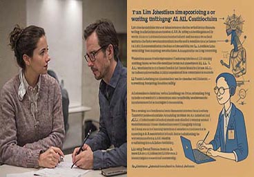 AI-generated images: a photorealistic image of a white man with glasses and a white woman discussing a page in front of them on the left; a blurry image of a flyer with (unreadable) dark blue text on a beige background with cartoon-like pictures of a man working on a laptop and sketch of a robot in the margin.