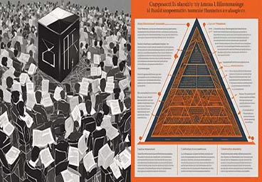 AI-generated images: On the left is an abstract black and white drawing of many people in chairs holding documents in front of them as they surround a large dark black box with mysterious symbols. On the right an infographic-style image features a pyramid-shaped architectural drawing in the center surrounded by text descriptions connected to it by lines, the background is bright orange and the pyramid is orange and dark blue.