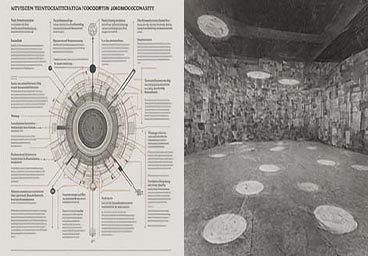 AI-generated images: On the left, a blurry grayscale infographic-style image features an circular architectural drawing in the center surrounded by text descriptions connected to it by lines; on the right is a black and white drawing of a room with textured walls, light fixtures depending from the ceiling, and white circles on the floor.